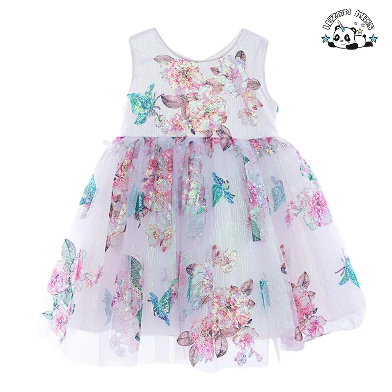 LEZONKIDS - Vestido de Princesa Floral de Tule Inchado Personalizável para Aniversário das Meninas, Vestidos com Lantejoulas para o Verão